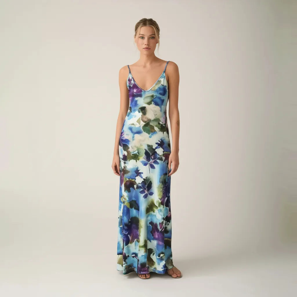 OceanBloom™ – Flowing Watercolour Maxi Summer Dress
