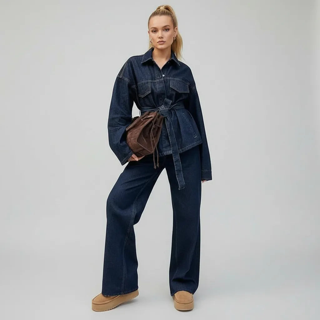 Shoreditch Denim Set – Belted Utility Jacket & Wide-Leg Pants