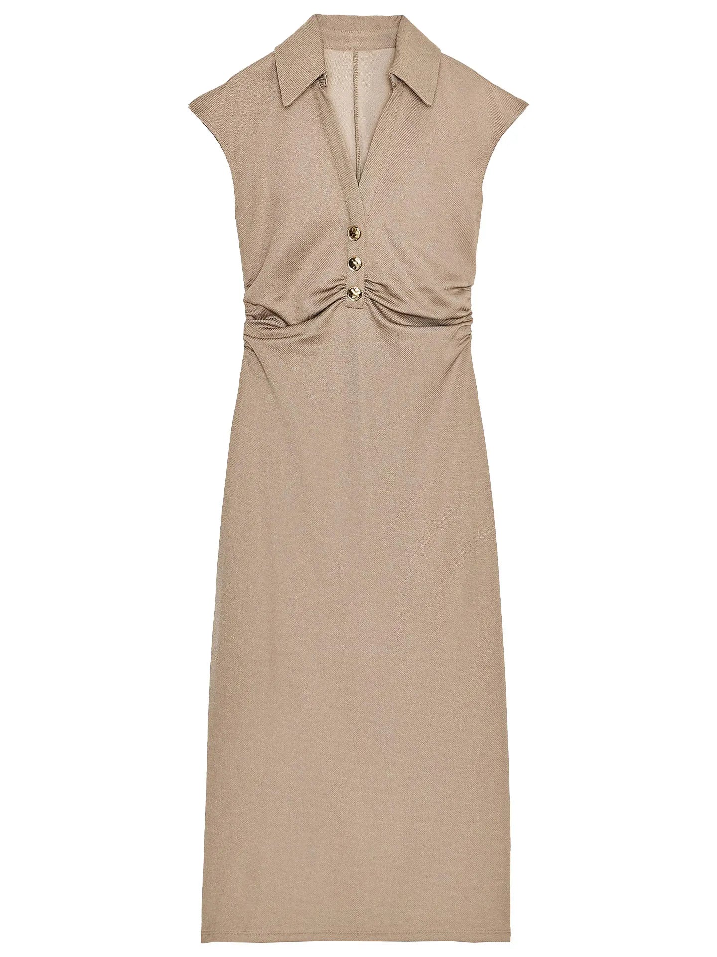 Beige sleeveless dress with button details on a white background
