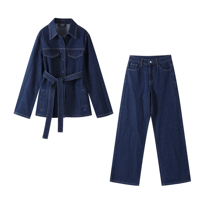 Shoreditch Denim Set – Belted Utility Jacket & Wide-Leg Pants